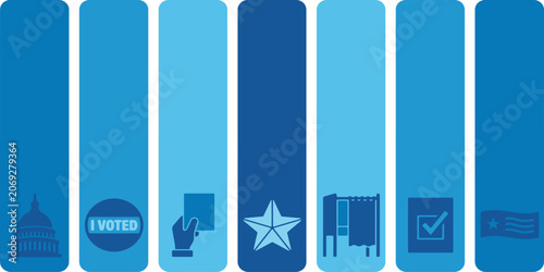 Bild auf Leinwand Set of icons representing voting and democracy, including a capitol building, 'I Voted' sticker, ballot, star, voting booths, checkmark, and flag