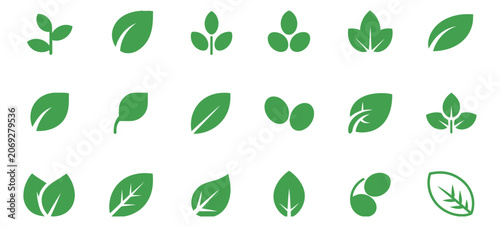 Konstfotografi Green leaf icon set, nature growth symbols, eco friendly botanical elements, fre