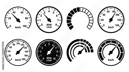 Set of black and white circular speedometers and tachometer gauges for modern automotive dashboard design