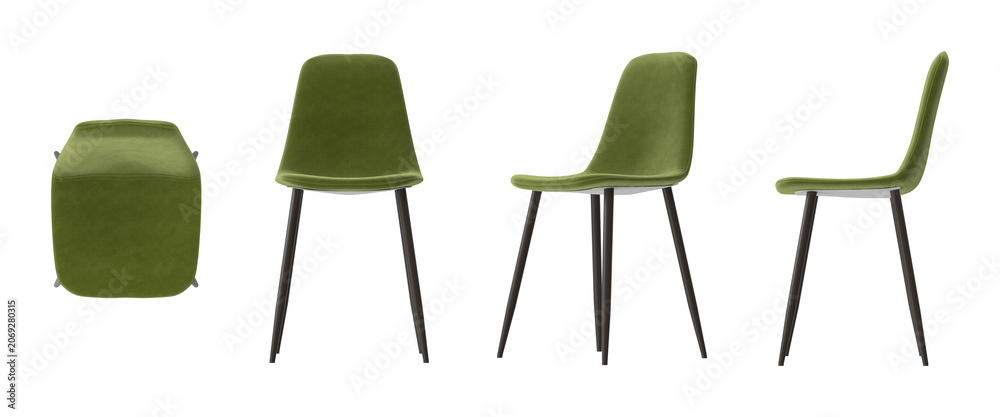 Fototapeta premium Modern green upholstered dining chair with dark metal legs shown from multiple angles