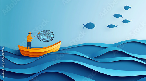 Man in small boat fishing with net in ocean waves catching fish