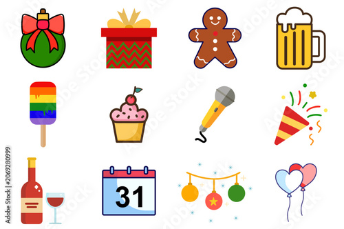 Collection of colorful icons related to celebrations, parties, and holidays.