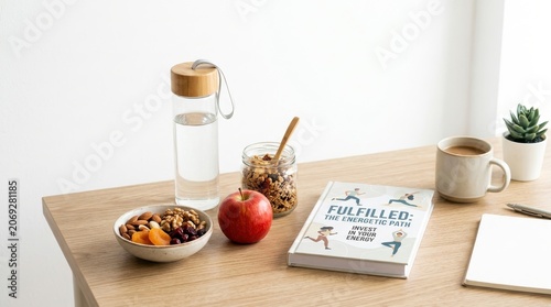 Healthy food and drink with book on wooden desk