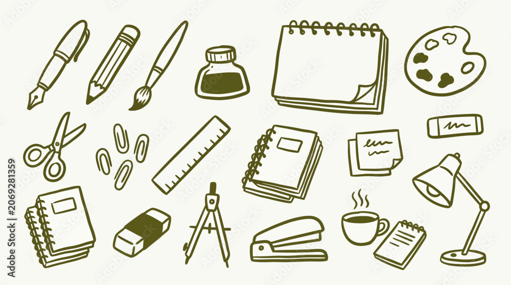 Obraz premium Hand drawn stationery and school supplies set doodle style illustration of various office items including notebooks, pens, pencils, scissors, ruler, and desk lamp