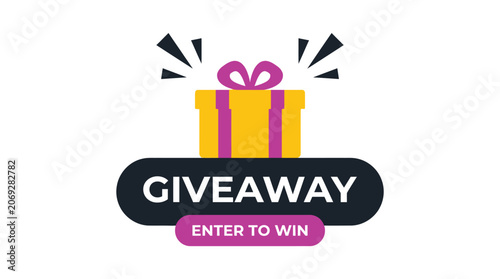 Bright yellow gift box illustration featuring a vibrant purple ribbon for a digital social giveaway