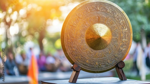 Intricately Detailed Gleaming Bronze Gong Displayed Outdoors