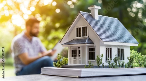 Model house and blurred person with book assessing property