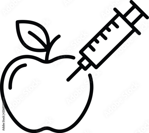 Genetically modified apple icon with syringe for biotechnology and agriculture presentation