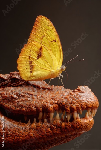 Close-up of a bright yellow butterfly on a crocodile's head
