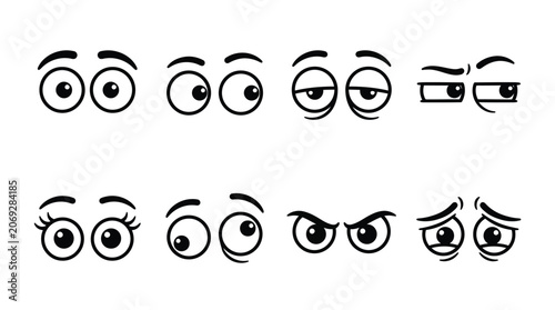 Various cartoon eyes expressing different emotions set in a clean black and white vector style