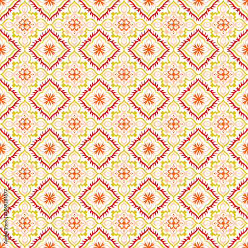 Seamless ikat floral geometric pattern background in red and orange