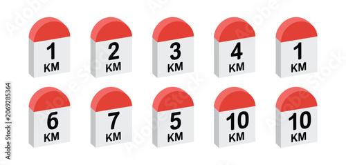 Fotografie Road Distance Milestone Vector Markers Showing 1 to 10 Kilometer Indicators for