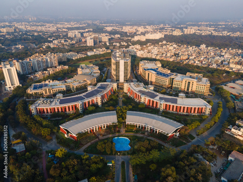 Information technology campus with solar energy system aerial view
Drone shot of modern IT park and rooftop solar installation