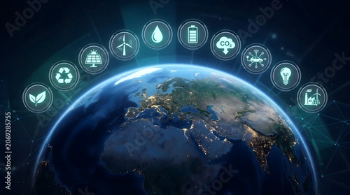 Global environmental conservation and alternative energy icons over planet Earth
