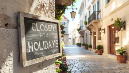 Rustic wooden blackboard sign with text closed for holidays hanging on a wall, with a blurred charming European alley background on a bright sunny day for business concepts.
