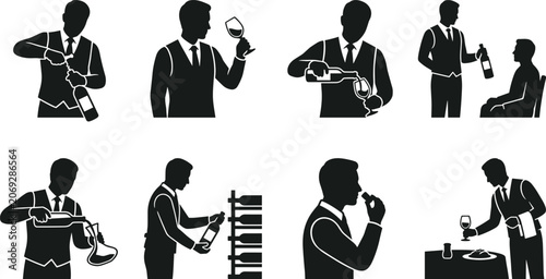 Bild auf Leinwand Sommelier and waiter silhouettes icon set showing wine tasting pouring decanting