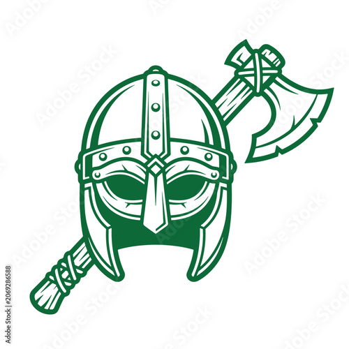 A classic viking helmet with a protective nose guard and rivets, positioned behind a single battle axe with a wooden handle, rendered in a dark green line style on a white background