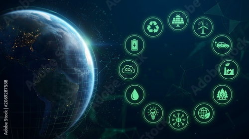 Semi Circle of Sustainable Technology Icons with Earth