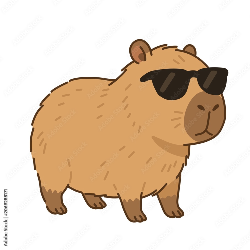 Fototapeta premium Cute capybara wearing stylish black sunglasses. Isolated on white background. For summer designs, stickers, t-shirts, greeting cards, social media, nursery decor, animal-themed branding.