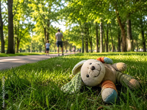 Childhood toy resting in a sunny summer park surrounded by green grass and trees. Concept of childhood memories, leisure, family lifestyle, recreation and outdoor activities.