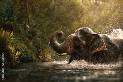 Majestic elephant bathing in a jungle stream