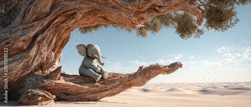 Small elephant sits on a large desert tree branch