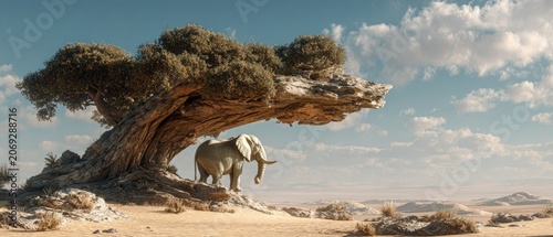 Elephant resting beneath a large, ancient tree in a desert landscape