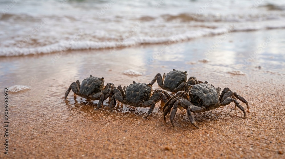 Obraz premium Four dark crabs crawling across wet sandy beach toward ocean waves under bright daylight at scenic tropical coast.