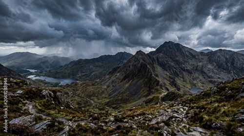 Dramatic Storm Clouds Gathering Over the Rugged Mountains of Snowdonia, Wales, With Heavy Rain Falling Above a Remote Alpine Lake in a Moody, Atmospheric Wilderness Landscape