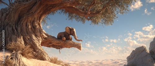 Elephant sits on a branch of a large desert tree