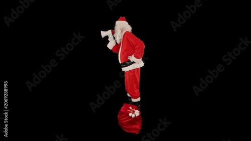 Santa Claus with a bag full of presents, shouting through a bullhorn, side view, Luma Matte