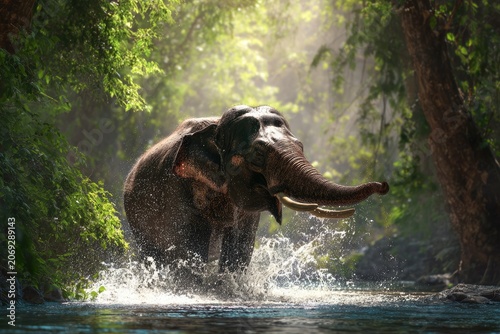 Majestic elephant splashes in a jungle stream