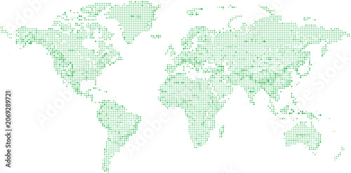 World map composed of green halftone dots on gray checkered background representing global network or data visualization.