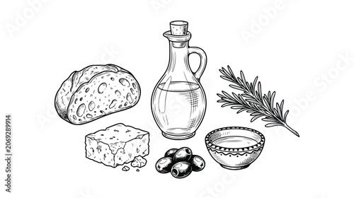 Bild auf Leinwand Mediterranean Food Ingredients Hand Drawn Vector Illustration Set