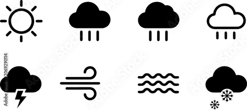 Fotografie Set of weather icons including sun, rain, storm, wind, and snow