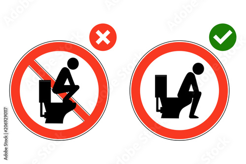 Public restroom etiquette sign illustrating the correct and incorrect ways to use a flush toilet.