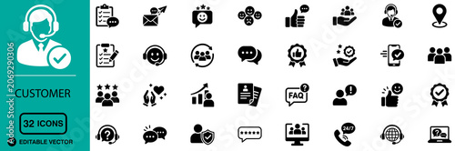 Foto Customer Support and Contact Center Solid Icon Set with Help Desk, Client Assist