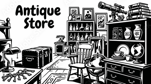 Fotografie antique store showcasing historical furniture, collectibles, artwork and decorative objects carefully arranged throughout a classic retail environment
