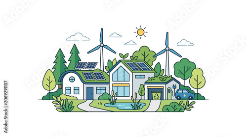Sustainable Home with Solar Panels.