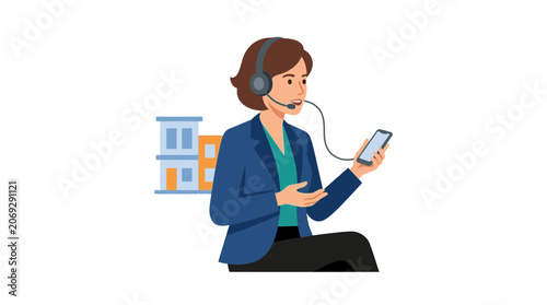 Woman wearing headset and using smartphone.