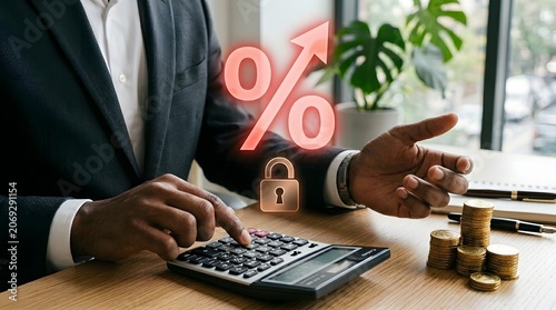 Businessperson calculates rising interest rates and secured investment with calculator and coins.