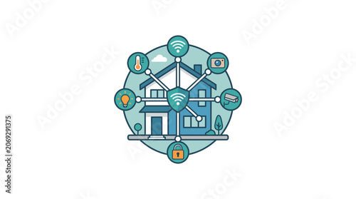 House with icons around it online.
