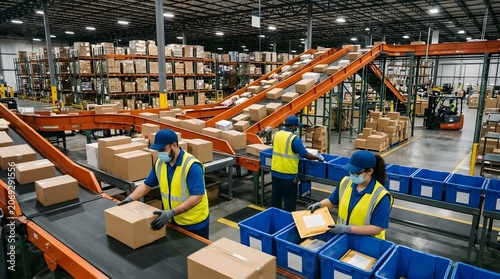 Warehouse workers sorting packages on conveyor belt in automated shipping distribution hub.