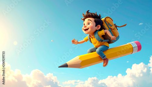 Schuljunge fliegt auf einem Bleistift 