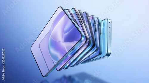 Modern smartphones arranged in a row on blue background
