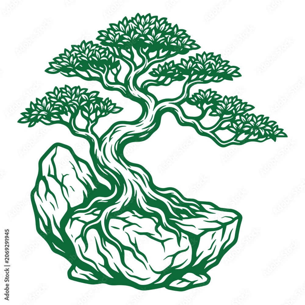 Obraz premium A green of a bonsai tree growing out of a large rock formation on white background, stone nature