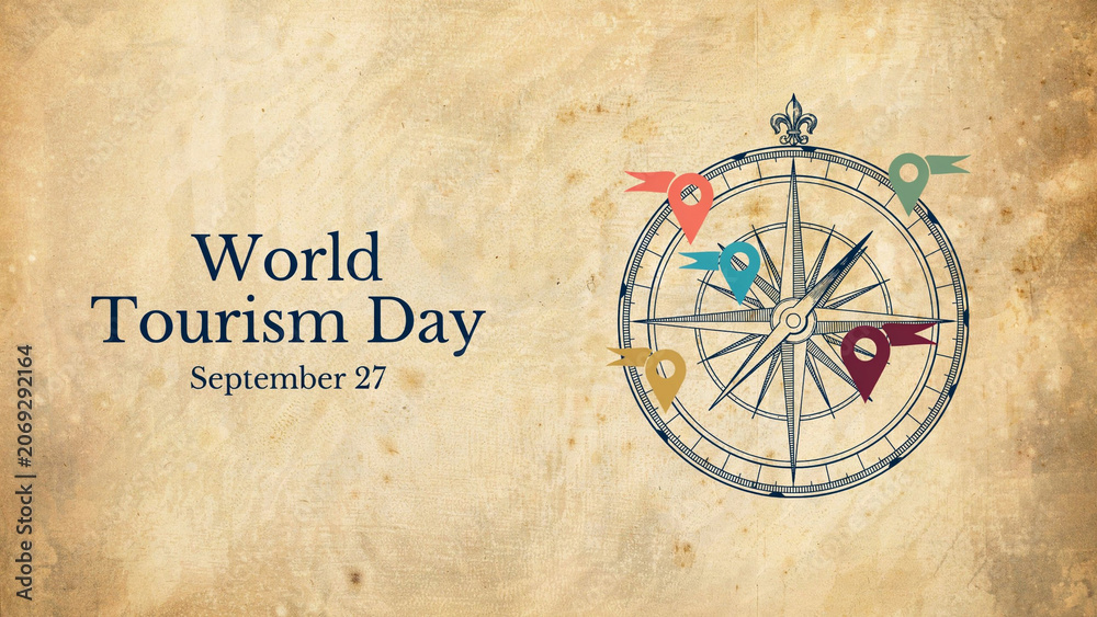 Fototapeta premium World tourism day concept with vintage compass and location pins on old paper background