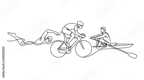 Triathlon Athlete Line Art: Swimming, Cycling, Rowing - Dynamic Sports Illustration