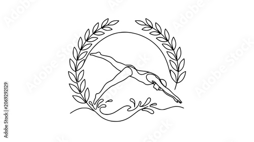 Принти на полотні Diver in Laurel Wreath: Athletic Swim Sport Emblem Outline