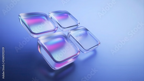 Abstract 3d glass squares with iridescent light reflections